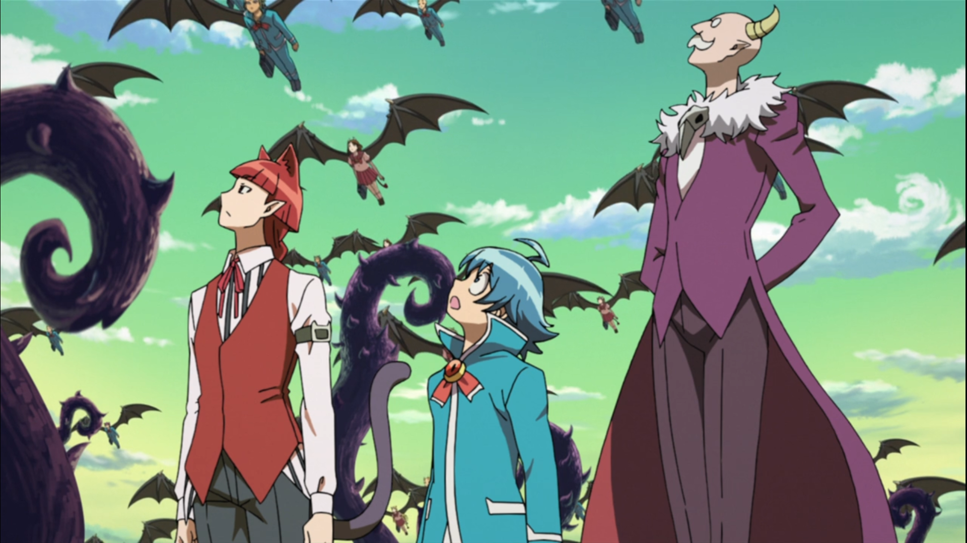 Iruma-kun and Sullivan look up at demon school children flying to school.